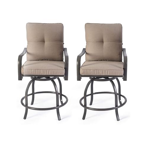 Kozyard Isabella Outdoor Swivel Bar Chairs Set of 2, Counter Height Patio Bar Stools with Cushioned Seats, Weather-Resistant Metal Bistro Chairs for Backyard Dining Beige