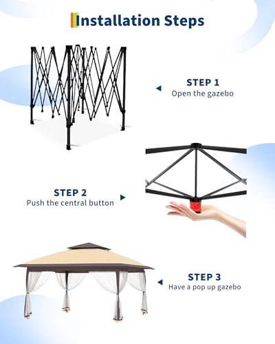 Garvee 12x12FT Pop Up Gazebo with Mosquito Netting, Outdoor Canopy Tent Easy Setup for Backyard Patio Garden Deck, Khaki & Coffee