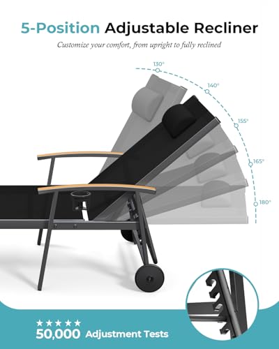 Ciokea Outdoor Lounge Chair with Pillow, 5-Position Aluminum Chaise Lounge with Wheels & Armrests, 400 lbs Heavy Duty Patio Pool Chair for Deck, Backyard, Beach & Poolside, Black