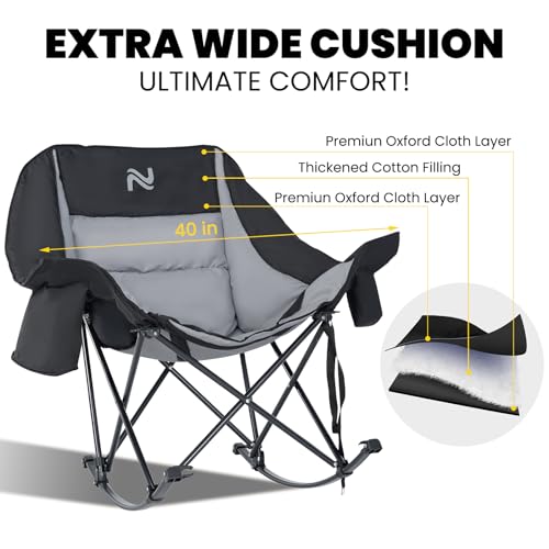 NAIZEA Folding Rocking Camping Chair, Portable Outdoor Rocker with Cooler Bag - 400lbs Capacity, 600D Oxford Fabric, Easy Fold Padded Rocker Chair for Patio, Lawn, Camping, Backyard, Beach