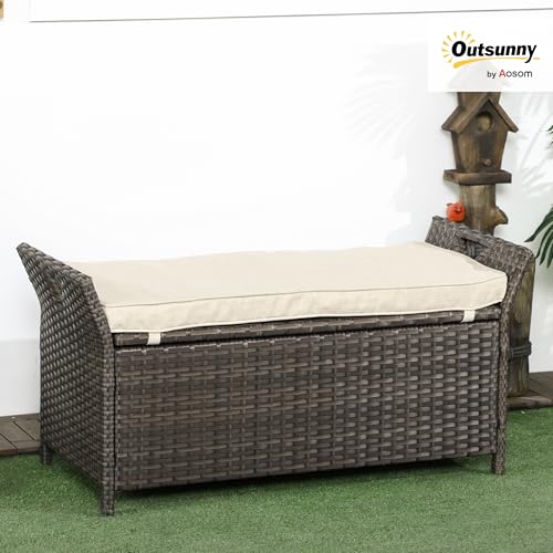 Outsunny 29 Gallon Patio Wicker Storage Bench, Outdoor PE Rattan Furniture, 2-in-1 Large Capacity Rectangle Garden Storage Box with Handles and Cushion, Cream White