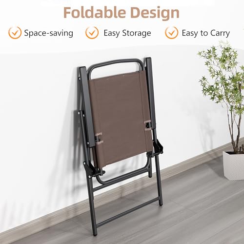 Vongrasig 6 Pieces Folding Patio Dining Set, All Weather Small Metal Outdoor Table and Chair Set, Garden Patio Furniture Set w/Umbrella, Glass Table & 4 Folding Chairs for Lawn, Backyard, Brown