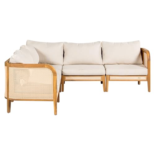 Merax 5 Piece Patio Outdoor Furniture Set, All-Weather Rattan Wicker L-Shaped Sectional Sofa w/Coushions, Acacia Wood 5-Seater Couch Set for Porch, Lawn, Backyard, Balcony, Teak+ Beige