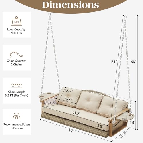 Yalissey 3-Seat Hanging Porch Swing with Cup Holders, Wicker Porch Swing with Cushions, Heavy Duty Front Porch Swing with Chains, Outdoor Patio Hanging Swing Bench for Porch, Patio, Backyard, Beige