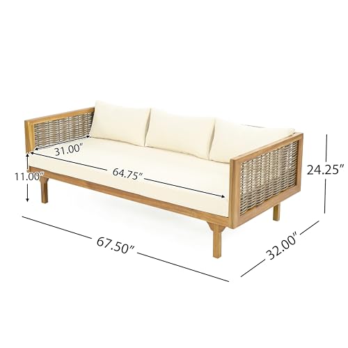 Christopher Knight Home Charm Patio Conversation Set, 3 Seater Acacia Wood Sofa, Spacious Seating Wicker Armrest Chair, Wood Coffee Table, Round Side Table, Outdoor Furniture for Backyard, Beige