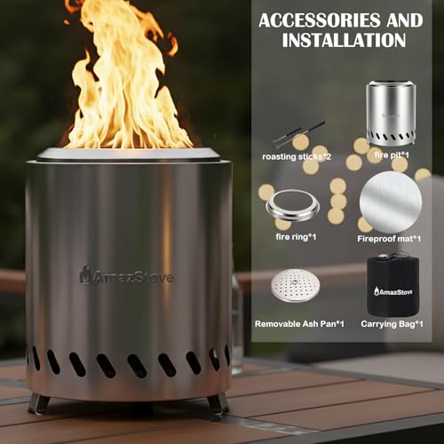9.7 x 7.1 Inch Tabletop Fire Pit by AmazStove, Low Smoke Camping Stove for Outdoor Safe Burning Firepits, Fueled Pellets or Wood, Travel Bag Included (Silver, 9.7 x 7.1 INCH)