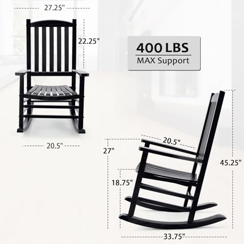 Hupmad Wooden Rocking Chair Outdoor Oversized Porch Rocker Chair,Patio Wooden Rocker with High Back and Armrest,All Weather Rocker Slatted for Backyard,Garden,400 lbs Support,Black