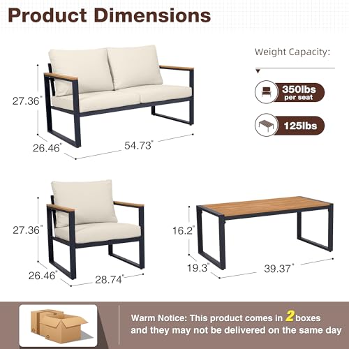 COMLAX FIELD Patio Furniture Set, 4 Pieces Outdoor Patio Furniture with Coffee Table Set, Metal Patio Conversation Sets with Washable and High-Resiliency Sponge Cushions, Upgarded Beige