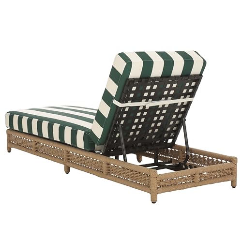 SAFAVIEH Outdoor Patio Furniture Collection - Callan Heather Tan Rope Chaise Lounge Chair, Hunter Green Stripe Cushion, 6 Reclining Positions, Fully Assembled (PAT7547H)