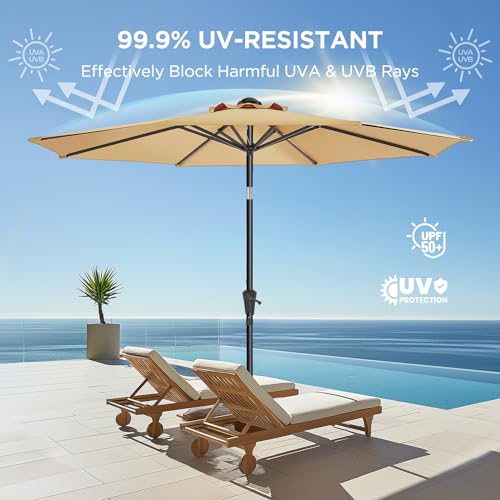 HOMSHADE 9ft Outdoor Patio Umbrella - Market Table Pool Deck Umbrella UPF50+ UV Protection with Push Button Tilt, Crank and 8 Sturdy Ribs (Beige, No base)