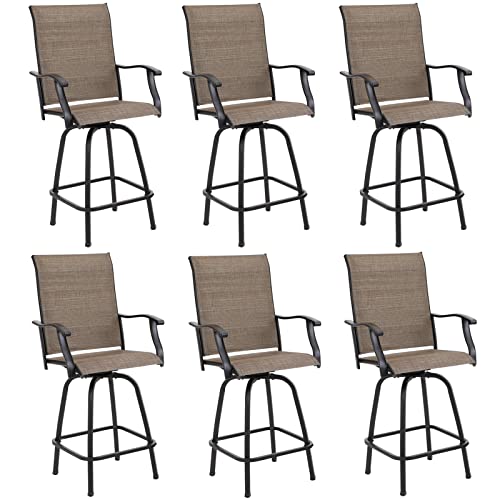 PHI VILLA Outoor Swivel Bar Stools Set of 6 with Armrest and Backrest, 30" Seat Height High Top Bar Height Patio Chairs, Brown Textilene Fabric