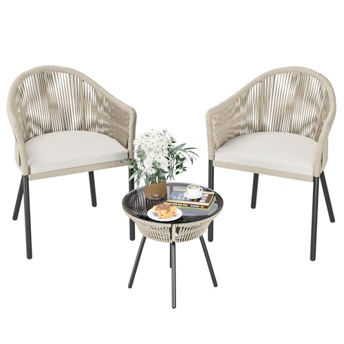 Devoko Patio Furniture Set 3 Pieces Rope Woven Bistro Set Outdoor Conversation Set with 2 Wide Chairs,Cushions and Tempered Glass Table for Balcony Porch Backyard Garden Poolside