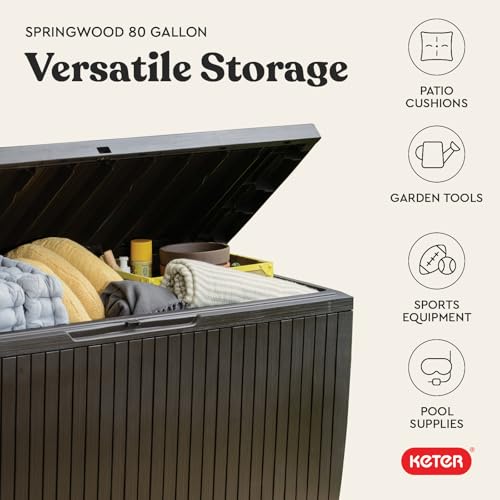 Keter Springwood 80 Gallon Resin Outdoor Storage Box for Patio Furniture Cushions, Pool Toys, and Garden Tools with Handles, Brown