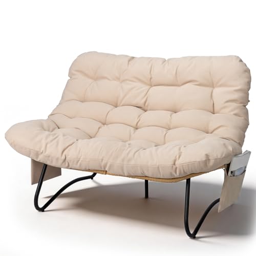 Outvita Outdoor Patio Loveseat, All Weather Double Papasan Chair with Side Storage Pocket, 6’’ Thick Cushion, 4 Adjustable Support Feet, 2 Seat PE Rattan Couch for Backyard Patio Garden Balcony(Beige)