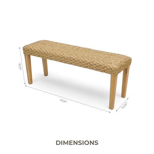 Outdoor Backless Bench, All-Weather Wicker & Solid Acacia Wood, Premium Garden Bench with Woven Rattan Seat and Thick Outdoor Cushion for Patio, Porch, Living Room or Entryway (Natural, PE Wicker).