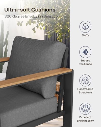 Oasbira Aluminum Outdoor Patio Furniture Set with Coffee Table, 5 Piece Patio Conversation Sets with Washable Thick Cushions, Outdoor Sectional Furniture Set for Porch, Balcony, Deck, Yard, Graphite