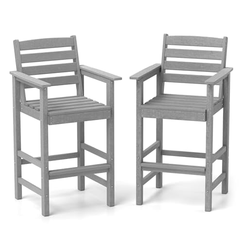 Tangkula Patio Adirondack Chairs Set of 2, HDPE Bar Height Chair with Wide Armrests & Footrest, Outdoor High-Top Slatted Bar Chairs with Backrest for Backyard, Lawn, Poolside (Grey)
