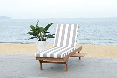 SAFAVIEH Outdoor Collection Newport Natural/ Grey & White Stripe Cushion Built-in Side Table Adjustable Chaise Lounge Chair