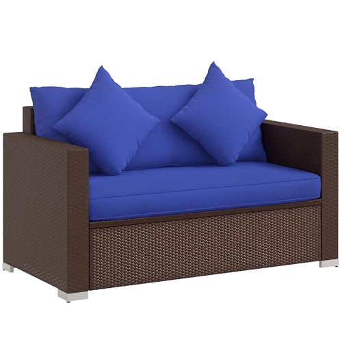 Outsunny Patio Wicker Loveseat with Cushions, 2-Seat Outdoor PE Rattan Couch Sofa with Throw Pillows, for Porch, Backyard, Garden, Poolside, Blue