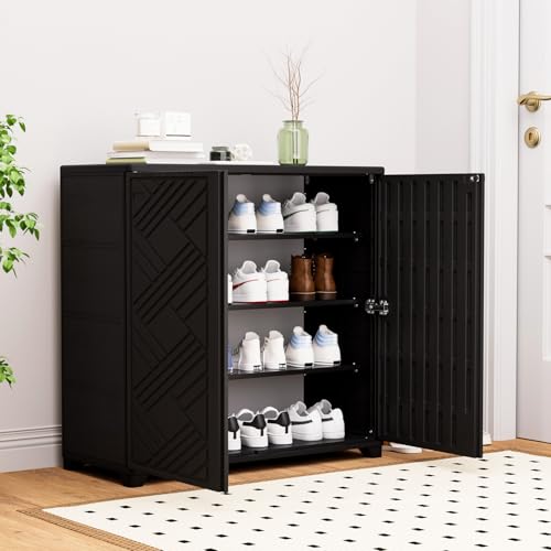 KINYING Outdoor Storage Cabinet Waterproof with 2 Shelves, 60 Gallon Resin Storage Shed for Patio/Garden/Backyard, Outdoor Storage Box for Cushions,Garden Tools and Pool Supplies,Black
