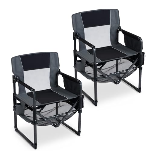 COSTWAY Heavy Duty Outdoor Camping Chair for Adults, Portable Folding Lawn Chair with Cup Holder, Side Pocket, Bottle Opener, Mesh Storage Shelf, Sturdy Metal Frame for Hiking, Fishing (2,Black)