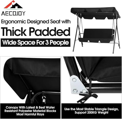 AECOJOY Porch Swing with Stand, Outdoor Swings for Adults, 3-Seat Outdoor Swing with Canopy, Outside Swing Bench with Removable Cushion, Suitable for Backyard, Garden, Yard, Poolside, Balcony (Black)