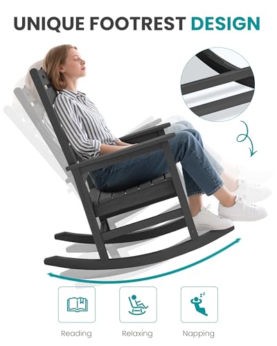 SERWALL Outdoor Rocking Chair Set of 2, Oversized Rocking Chair with Footboard for Adults, HDPE All Weather Resistant Rocking Chairs for Patio, 350lbs Weight Capacity, Gray