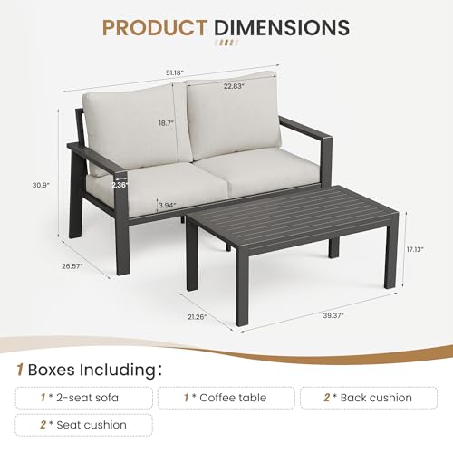 VONZOY Aluminum Outdoor Loveseat with Coffee Table Small Furniture Patio Love Seat Couch Outdoor Chairs with 4" Cushion Loveseats Sofa for Poolside,Balcony,Deck,Yard