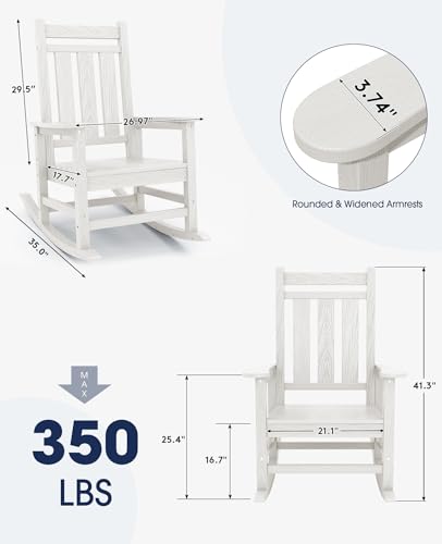 KINGYES Oversized Outdoor Rocking Chair Set of 2, All-Weather Patio Rocking Chairs for Porch, HDPE Outdoor Patio Recliner Rockers with High Back & Wide Seat for Garden, Lawn, White
