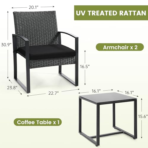 Murago Outdoor 3-Piece Wicker Bistro Set, Rattan Patio Conversation Set with Coffee Table, for Backyard Garden Poolside, Black Frame & Black Cushion