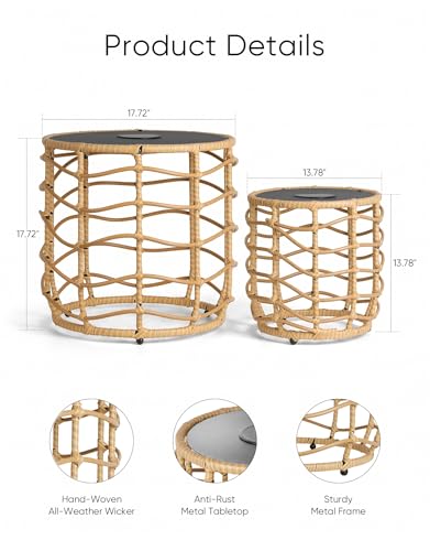 PARTPHONER Boho Solar Outdoor Side Table with Built-in Lights Set of 2, All-Weather Wicker Nesting Tables, Round Waterproof Accent End Table Design for Patio, Porch, Garden & Balcony, Natural Brown