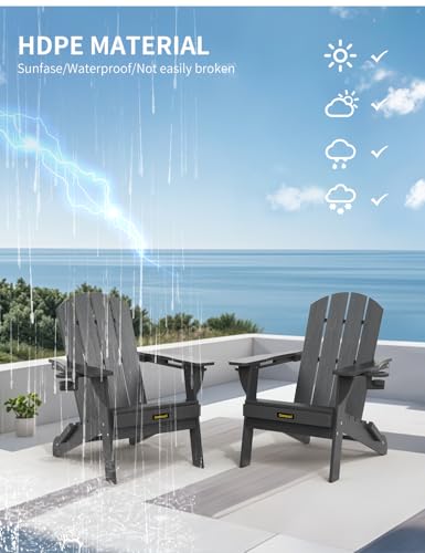 Folding Adirondack Chair, Wooden Textured Plastic Adirondack Chairs with 2 Cup Holder, Weather Resistant HDPE Fire Pit Chair, Outdoor Patio Chairs for Garden, Backyard, Lawn, Deck, 380LBS, Grey