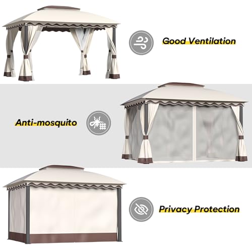 ZZW Outdoor Patio Gazebo 10×13 Heavy Duty Gazebos with Mosquito Netting & Double Roof Metal Steel Frame Canopy Gazebo Tent Shelter for Patio Lawn Backyard Garden