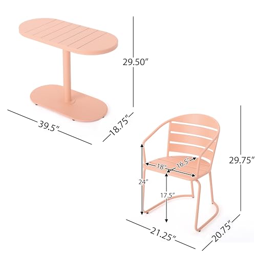 Christopher Knight Home Adley Outdoor Bistro Set, 3-Piece Bistro Table and Chair Set of 2, Patio Furniture Set with Iron Frame, Bistro Dining for Poolside Garden Cafeteria, Matte Coral