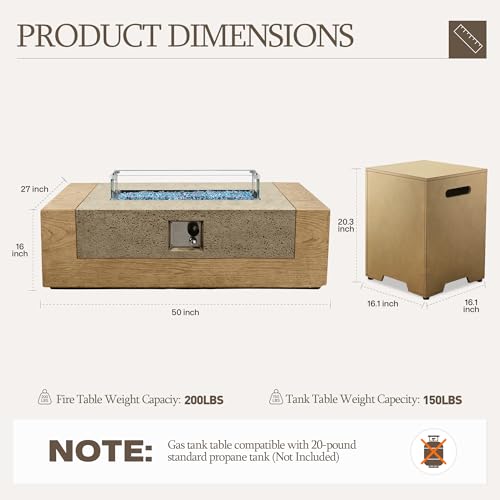 UPHA 50-inch Outdoor Patio Propane Gas Fire Pit Table 50000 BTU Concrete Round Firepit with ABS Tank Hidden Table, Wind Guard, Blue Glass Rocks, Rain Cover, Natural Wood Finish