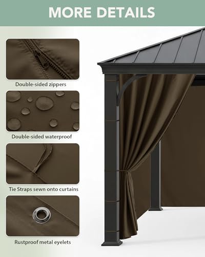 RichSets Gazebo Curtains Outdoor Waterproof - 10'Wx12'Lx7'H Gazebo Universal Replacement Privacy Curtains, 4 Panels Sidewall Drapes with Zipper for Patio Pergola Garden Backyard, Brown