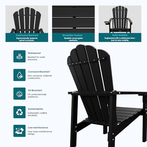 THOEOE Stackable Adirondack Chair Set of 4, HDPE All-Weather Adirondack Chairs - Durable and Space Saving, Plastic Outdoor Fire Pit Chairs with Cup Holder,Black