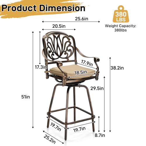 VINGLI Outdoor Swivel Bar Stools Set of 2, Cast Aluminum Patio Bar Height Chairs, All-Weather Bar Dining Chairs Outdoor Swivel Patio Furniture (Elizabethan Back)