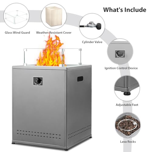 20" Square Smokeless Propane Fire Pit Table, 50,000 BTU Portable Outdoor Patio Heater with Lava Rocks, Glass Wind Guard & Cover for Deck, Backyard, Garden, Camping (Grey)
