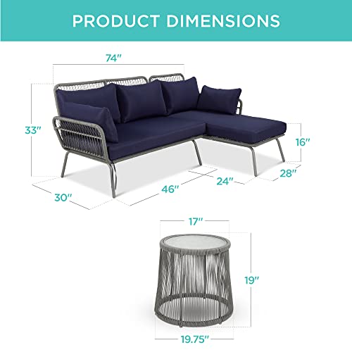 Best Choice Products Outdoor Rope Woven Sectional Patio Furniture L-Shaped Conversation Sofa Set for Backyard, Porch w/Thick Cushions, Detachable Lounger, Side Table - Gray/Navy