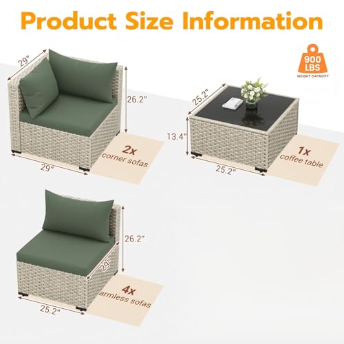 UDPATIO Outdoor Patio Furniture Set, 7-Piece PE Wicker Sectional Sofa with Tea Table, Outdoor Conversation Set for Patio, Garden, Backyard Green