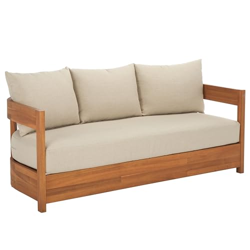 SAFAVIEH Outdoor - Kento 3-Seat Sofa - Natural & Taupe - Solid Wood with Cushion - Modern Slatted Round-Frame Design - Ideal for Patio, Deck, Porch, Backyard, 16" Seat Height (PAT7098A)