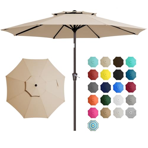 JEAREY 9 ft 2-Tiers Patio Umbrellas Outdoor Table Market Umbrella w/Push Button Tilt/Crank, 8 Sturdy Ribs, UV Protection Waterproof Sunproof(Beige)