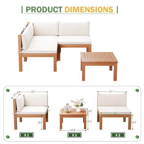 Devoko 4 Pieces Outdoor Sectional Couch Patio Sectional Sofa with Acacia Wood Coffee Table, Outdoor L-Shaped Couch with All-Weather Cushion for Patio,Deck,Backyard(White)