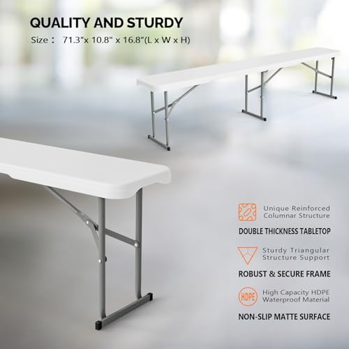 VINGLI 6 feet Plastic Folding Bench,Portable in/Outdoor Picnic Party Camping Dining Seat, Garden Soccer Multipurpose Entertaining Activities, Smooth HDPE Tabletop (2, White, 6ft)