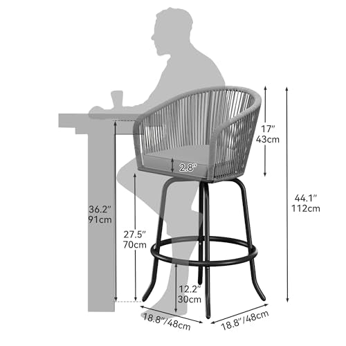 YITAHOME Counter Height Bar Stools Set of 4, Outdoor Bar Stools with Soft Cushions, Patio Rattan Swivel Bar Chairs for Backyard Poolside, Garden w /360 Rotation (Gray)