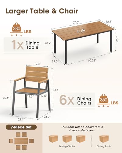 ComfCove Outdoor Dining Set, Aluminum Patio HDPS Outdooor Table and Chairs Set with Umbrella Hole, All Weather Patio Furniture Set, Patio Dining Table Set ,Gray & Teak ,7 Pieces