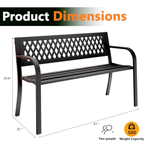 MAKE CHANGES Outdoor Bench, Garden Patio Park Entryway Metal Bench with Comfortable Backrest, Sturdy Heavy Duty Loveseat Front Porch Backyard Lawn Furniture for Outside