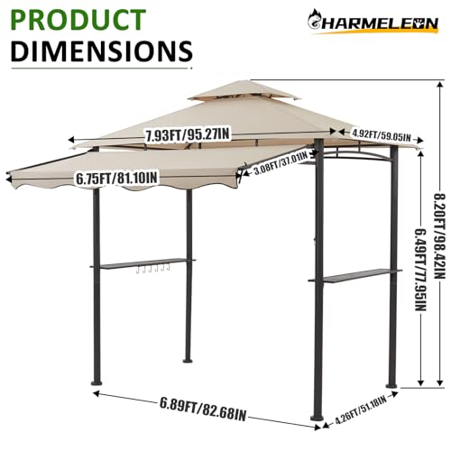 CHARMELEON 8x8 FT Grill Gazebo, Grill Canopy with Big Awning&2 Side Shelves&6 Hooks&Bottle Opener, Powder-Coated Steel BBQ Shelter for Patio Backyard Outdoor Grilling-Beige
