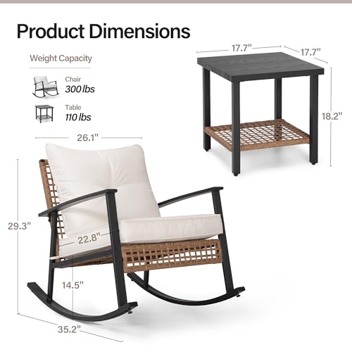 LAUSAINT HOME 3-Piece Rocking Bistro Set, Outdoor Patio Furniture with Thick Cushions and 2-Tier Coffee Table, Oversize Rattan Conversation Set for Garden, Balcony, Backyard (Beige)